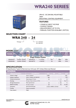 WRA240-24 datasheet - 3PH AC - DC DIN RAIL MOUNTABLE 240W INDUSTRIAL CONTROL EQUIPMENT
