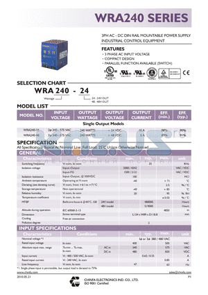 WRA240-24_10 datasheet - 3PH AC - DC DIN RAIL MOUNTABLE POWER SUPPLY INDUSTRIAL CONTROL EQUIPMENT