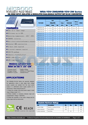 WRA1215YDV-3W datasheet - 3W,WIDE INPUT, ISOLATED & REGULATED DUAL/SINGLE OUTPUT DIP DC-DC CONVERTER