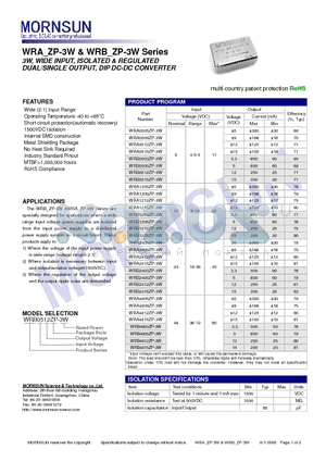 WRA2405ZP-3W datasheet - DUAL/SINGLE OUTPUT, DIP DC-DC CONVERTER