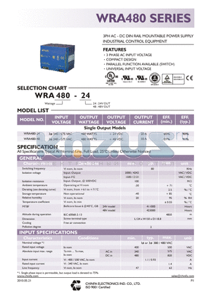 WRA480-24_10 datasheet - 3PH AC - DC RAIL MOUNTABLE POWER SUPPLY INDUSTRIAL CONTROL EQUIPMENT