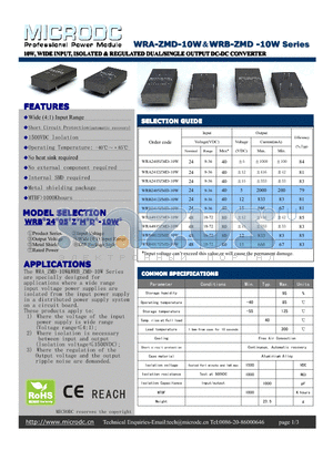 WRA2412ZMD-10W datasheet - 10W,WIDEINPUT, ISOLATED&REGULATEDDUAL/SINGLEOUTPUTDC-DCCONVERTER