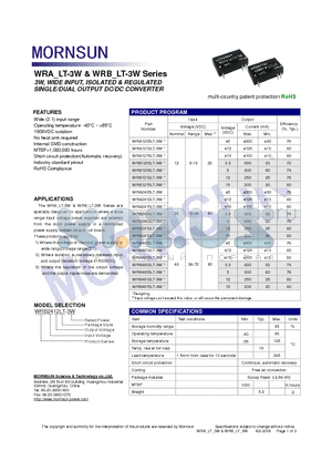 WRA4815LT-3W datasheet - SINGLE/DUAL OUTPUT DC/DC CONVERTER