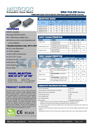 WRA4815YLS-3W datasheet - WIDEINPUT,ISOLATED&REGULATEDDualOutput SIPDC/DCConverter