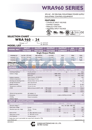 WRA960-24_10 datasheet - 3PH AC - DC DIN RAIL MOUNTABLE POWER SUPPLY INDUSTRIAL CONTROL EQUIPMENT