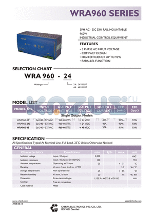 WRA960-48 datasheet - 3PH AC - DC DIN RAIL MOUNTABLE 960W INDUSTRIAL CONTROL EQUIPMENT