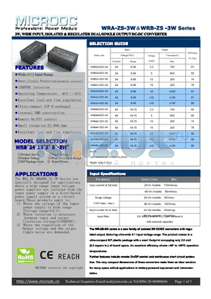 WRA4815ZS-3W datasheet - 3W,WIDEINPUT, ISOLATED&REGULATEDDUAL/SINGLEOUTPUTDC-DCCONVERTER