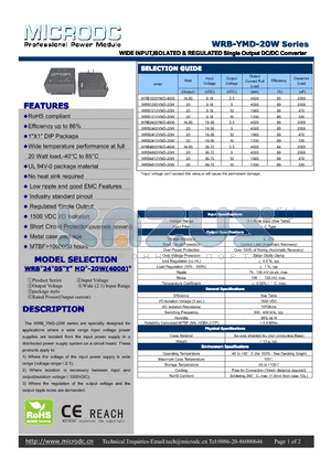 WRB-YMD-20W datasheet - WIDE INPUT,ISOLATED & REGULATEDSingleOutputDC/DCConverter