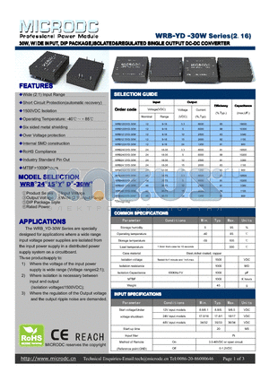 WRB-YD-30W datasheet - 30W,WIDE INPUT, DIPPACKAGE,ISOLATED&REGULATED SINGLEOUTPUTDC-DCCONVERTER