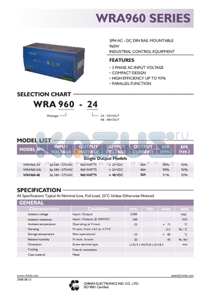 WRA960-24 datasheet - 3PH AC - DC DIN RAIL MOUNTABLE 960W INDUSTRIAL CONTROL EQUIPMENT