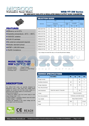 WRB-YT-3W datasheet - 3W,WIDE INPUT, ISOLATED & REGULATEDSINGLEOUTPUT DC/DCCONVERTER