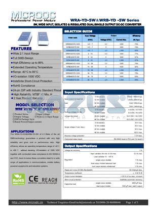 WRB0505YD-5W datasheet - 5W,WIDE INPUT, ISOLATED & REGULATEDDUAL/SINGLEOUTPUTDC-DCCONVERTER