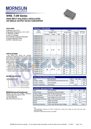 WRB1203T-2W datasheet - 3W SINGLE OUTPUT DC/DC CONVERTER