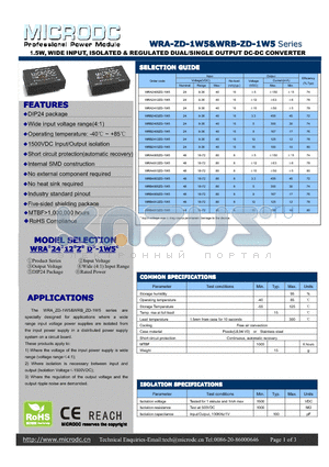 WRB2405ZD-1W5 datasheet - 1.5W, WIDE INPUT, ISOLATED & REGULATED DUAL/SINGLE OUTPUT DC-DC CONVERTER