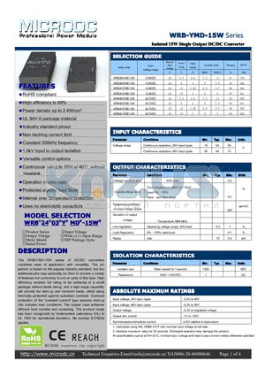 WRB2412YMD-15W datasheet - Isolated 15WSingle Output DC/DC Converter