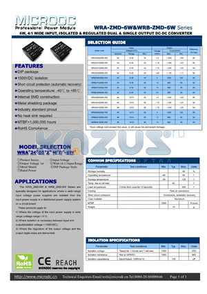 WRB2415ZMD-6W datasheet - 6W, 4:1 WIDE INPUT, ISOLATED & REGULATED DUAL & SINGLE OUTPUT DC-DC CONVERTER