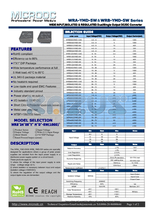 WRB4805YMD-5W datasheet - WIDE INPUT,ISOLATED & REGULATEDDual/Single OutputDC/DC Converter