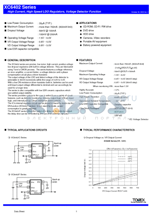 XC6402 datasheet - High Current, High Speed LDO Regulators, Voltage Detector Function