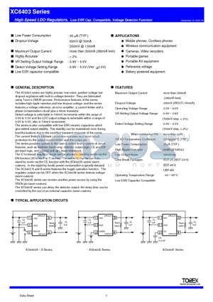 XC6403FV87MR datasheet - High Speed LDO Regulators, Low ESR Cap. Compatible, Voltage Detector Function