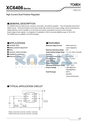 XC6406 datasheet - High Current Dual Positive Regulator