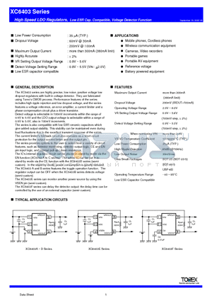 XC6403 datasheet - High Speed LDO Regulators, Low ESR Cap. Compatible, Voltage Detector Function