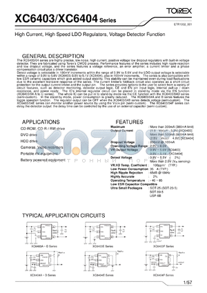 XC6403 datasheet - High Speed LDO Regulators, Low ESR Cap. Compatible, Voltage Detector Function