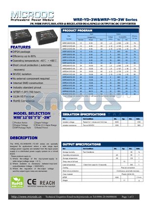 WRE-YD-3W datasheet - 3W,WIDEINPUT, ISOLATED&REGULATEDDUAL/SINGLEOUTPUTDC-DCCONVERTER