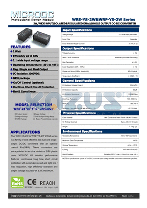 WRE-YS-2W datasheet - 2W,WIDE INPUT,ISOLATED&REGULATED DUAL/SINGLEOUTPUT DC-DCCONVERTER