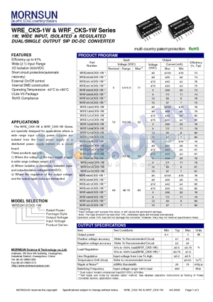 WRE0509CKS-1W datasheet - DUAL/SINGLE OUTPUT SIP DC-DC CONVERTER