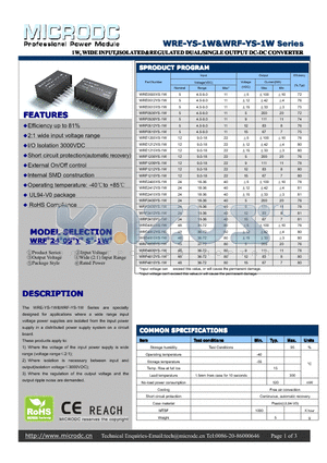 WRE-YS-1W datasheet - 1W,WIDEINPUT,ISOLATED&REGULATED DUAL/SINGLEOUTPUTDC-DCCONVERTER