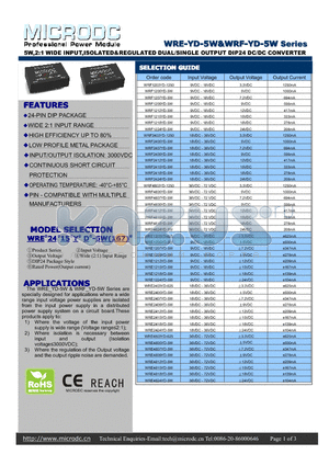 WRE1205YD-5W datasheet - 5W,2:1 WIDE INPUT,ISOLATED&REGULATED DUAL/SINGLE OUTPUT DIP24 DC/DC CONVERTER