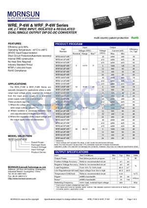 WRE1215P-6W datasheet - DUAL/SINGLE OUTPUT DIP DC-DC CONVERTER