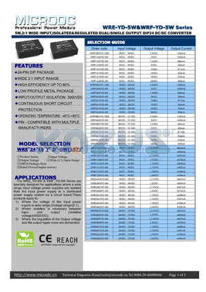 WRE2409YD-5W datasheet - 5W,2:1 WIDE INPUT,ISOLATED&REGULATED DUAL/SINGLE OUTPUT DIP24 DC/DC CONVERTER