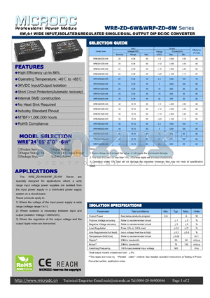 WRE2415ZD-6W datasheet - 6W,4:1 WIDE INPUT,ISOLATED&REGULATED SINGLE/DUAL OUTPUT DIP DC/DC CONVERTER