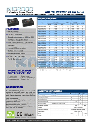 WRE4805YD-6W datasheet - 6W, 2:1WIDEINPUT, ISOLATED&REGULATEDSINGLE/DUALOUTPUTDC-DCCONVERTER