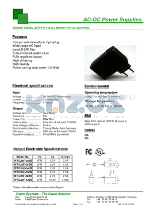 WRG20F-050B datasheet - AC-DC Power Supplies 20 WATTS WALL MOUNT TOP AC ADAPTER