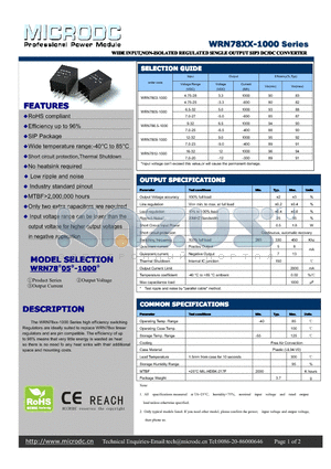 WRN7803-1000 datasheet - WIDEINPUT,NON-ISOLATED REGULATED SINGLEOUTPUT SIP3DC/DCCONVERTER