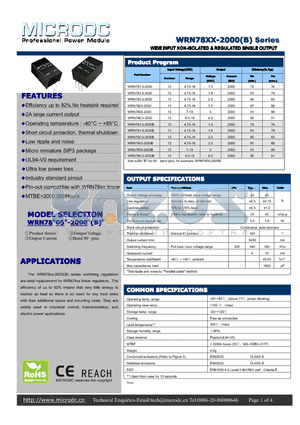 WRN7803-2000 datasheet - WIDEINPUTNON-ISOLATED & REGULATED SINGLEOUTPUT