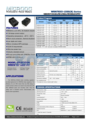 WRN781.8-1500 datasheet - WIDEINPUTNON-ISOLATED & REGULATED SINGLEOUTPUT