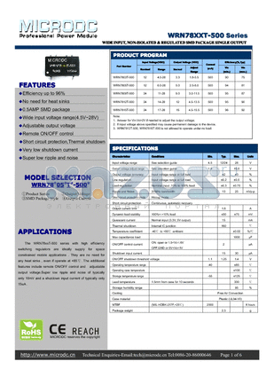 WRN7815T-500 datasheet - WIDEINPUT,NON-ISOLATED&REGULATED SMDPACKAGE SINGLEOUTPUT