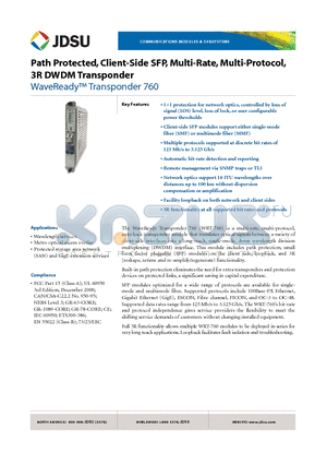 WRT-760DT240B-044 datasheet - Path Protected, Client-Side SFP, Multi-Rate,Multi-Protocol, 3R DWDM Transponder