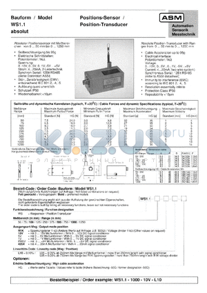 WS1.1-1000-420A datasheet - Positions-Sensor/Position-Transducer