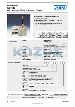 WS10ZG-100-PMU-L05 datasheet - Analog, SSI or CANopen Output