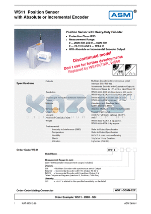 WS11-2000-SSI-L01 datasheet - Position Sensor with Absolute or Incremental Encoder