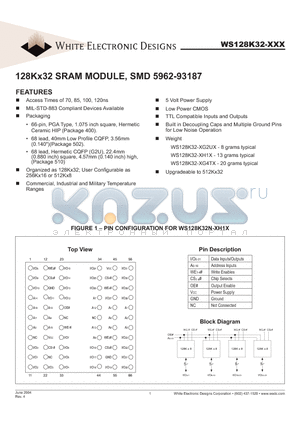 WS128K32N-100G2UQA datasheet - 128Kx32 SRAM MODULE, SMD 5962-93187