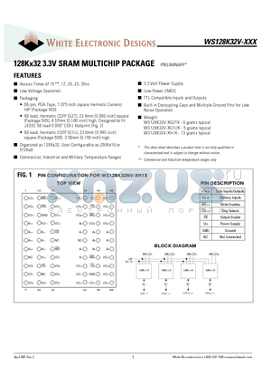 WS128K32V-17H1IA datasheet - 128Kx32 3.3V SRAM MULTICHIP PACKAGE