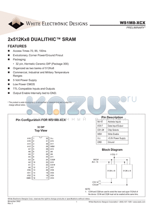 WS1M8-100CI datasheet - 2x512Kx8 DUALITHICTM SRAM