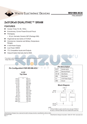 WS1M8-100CMA datasheet - 2x512Kx8 DUALITHICTM SRAM