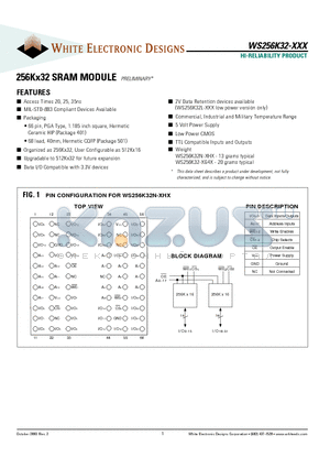 WS256K32-20HI datasheet - 256Kx32 SRAM MODULE