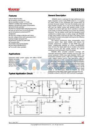 WS2259SP datasheet - Burst Mode function, Low startup current (4uA), Low operation current (1.7mA)